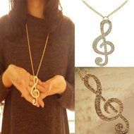 Fashion Women Gold Crystal Music Note Rhythm Long Chain Sweater Necklace Pendant N2