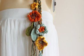 Green Crochet Scarf-Lariat Necklace Scarf- Olive Green ,Mustard,Orange Scarf-Flowers and Leaves Scarf-Hippie Scarf