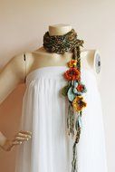 Green Crochet Scarf-Lariat Necklace Scarf- Olive Green ,Mustard,Orange Scarf-Flowers and Leaves Scarf-Hippie Scarf N2