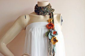 Green Crochet Scarf-Lariat Necklace Scarf- Olive Green ,Mustard,Orange Scarf-Flowers and Leaves Scarf-Hippie Scarf N3