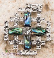 Shell Jerusalem Cross Pendant Silver Plated with Zircon Crystals Holy Land 1.7" N2