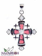 Cross Crucifix Silver Plated Pendant with Zircon Crystals Pink Enamel Jerusalem