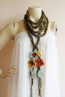 Green Crochet Scarf-Lariat Necklace Scarf- Olive Green ,Mustard,Orange Scarf-Flowers and Leaves Scarf-Hippie Scarf N4