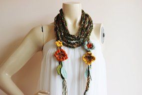 Green Crochet Scarf-Lariat Necklace Scarf- Olive Green ,Mustard,Orange Scarf-Flowers and Leaves Scarf-Hippie Scarf N5