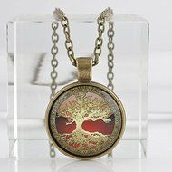 Vintage 3D Tree of life Cabochon Glass Bronze Chain Pendant Necklace N2
