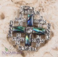 Shell Jerusalem Cross Pendant Silver Plated with Zircon Crystals Holy Land 1.7" N3