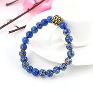 MEN&#039;S BLUE SEA SEDIMENT JASPER STONE GOLD LION 8 MM BEADS BRACELET 8 &quot; N2