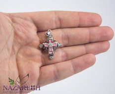 Cross Crucifix Silver Plated Pendant with Zircon Crystals Pink Enamel Jerusalem N3
