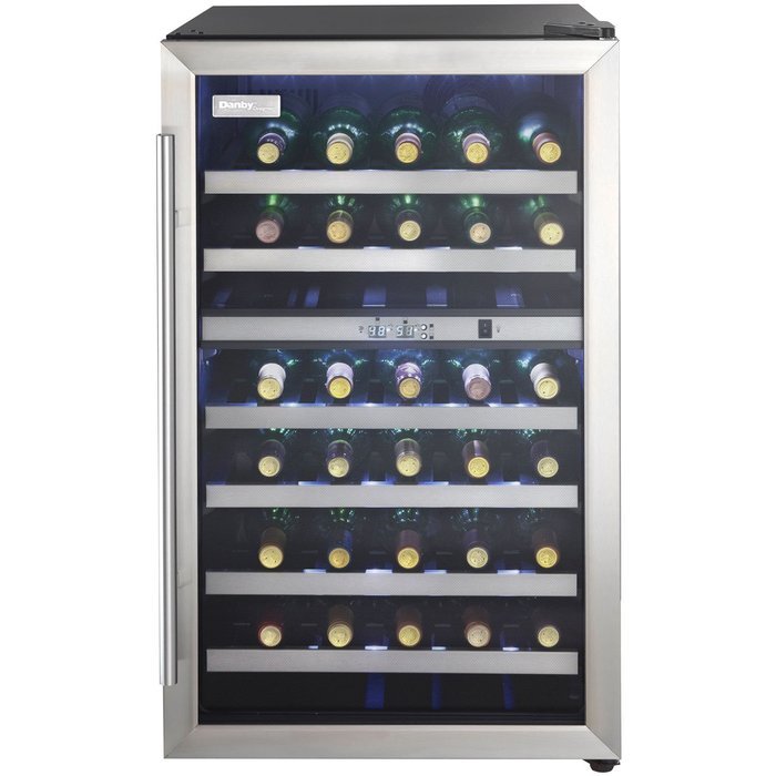 Danby DWC114BLSDD Designer 38-Bottle Dual-Zone Wine Cooler, Black/Stainless Steel/Glass