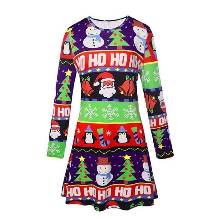 Xmas Print Swing Dress,Morecome Ladies Christmas Long Sleeve Flared Party Dresses (M, Blue) N3