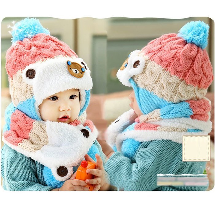 Baby Toddler Winter Beanie Warm Hat Hooded Scarf Earflap Knitted Cap Girls Boys N7