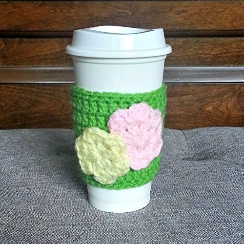 Crochet Coffee Sleeve - Green with Flower Appliques