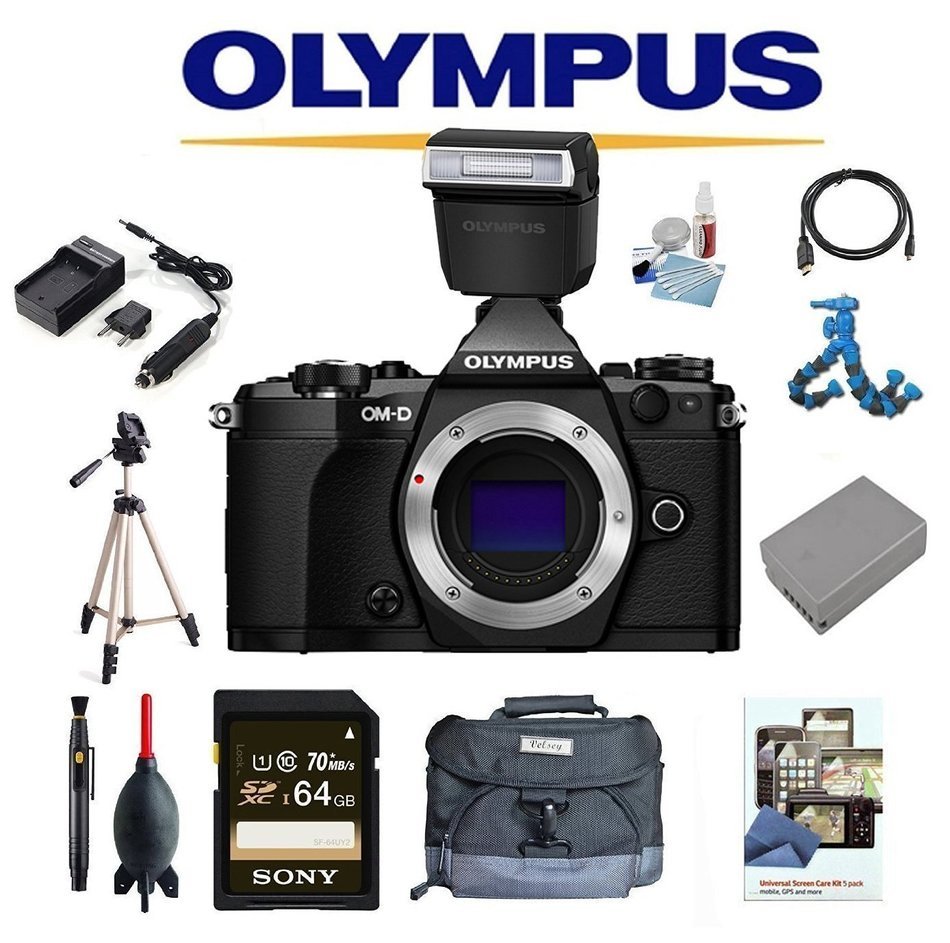 Olympus OM-D E-M5 Mark II Digital Camera (Black) + Olympus FL-LM3 Flash w/ Sony 64GB + Tripod + Flexpod + Case...