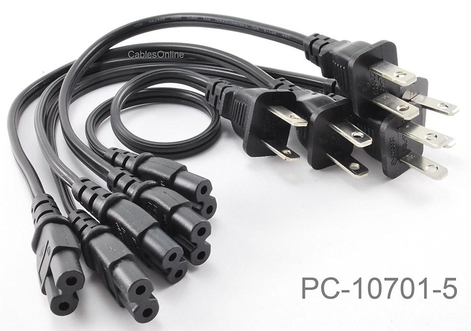 CablesOnline , 5-Pack 1ft 2-Prong Figure-8 Replacement Non-Polarized Computer Power Cord Cable, PC-10701-5 N2