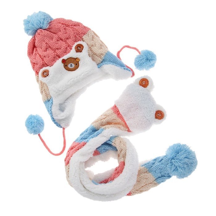 Baby Toddler Winter Beanie Warm Hat Hooded Scarf Earflap Knitted Cap Girls Boys N9