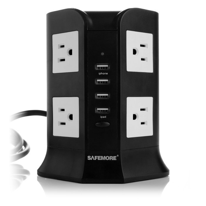 ISelector 8-AC Outlets Power Strip with 2.1A 4 USB Charging Ports and 6.5-Feet Cord (Black) N3