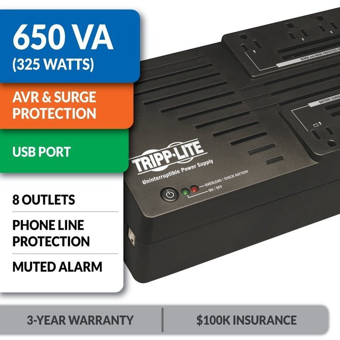 Tripp Lite 750VA UPS Battery Backup, 450W AVR Line Interactive, USB, Ultra-Compact (AVR750U) N2