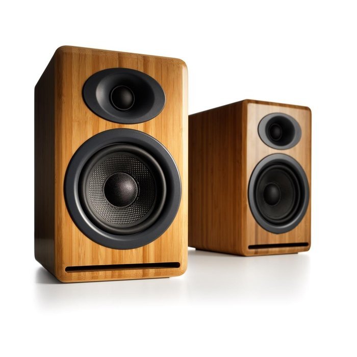 Audioengine P4 Premium Passive Bookshelf Speakers (Bamboo) with DS2 Desktop Speaker Stands (Black)