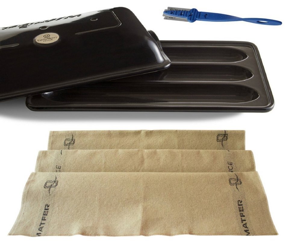 Emile Henry Ceramic Baguette Baker Charcoal, Mure & Peyrot Longuet Lame, Couche Proofing Cloth 23.5 x 35.5, Bundle
