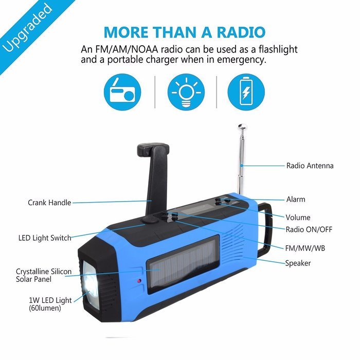OUTERDO Dynamo Emergency Survival Solar Hand Crank Self Powered AM/FM/NOAA Weather Radio, LED Flashlight,Phone... N23