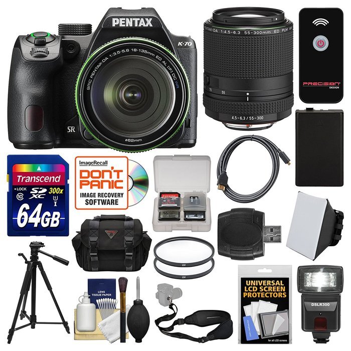 Pentax K-70 All Weather Wi-Fi Digital Camera & 18-135mm WR Lens (Black) with 55-300mm Lens + 64GB Card + Case... N5