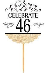 46th Birthday / Anniversary Novelty Burlap Cupcake Decoration Picks -12pack