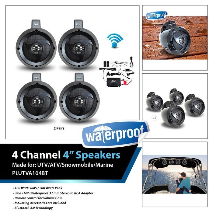 Pyle PLUTVA102 Waterproof Dual Wakeboard Speaker and Amplifier Sound System Kit, Includes (2) 4'' Marine Grade... N8