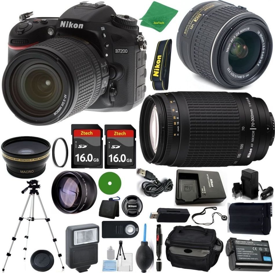 ZeeTech Ultimate Bundle for D7200 DSLR Body, 18-55mm VR Lens, 70-300mm f/4-5.6G, 2pcs 16GB ZeeTech Memory, Camera...