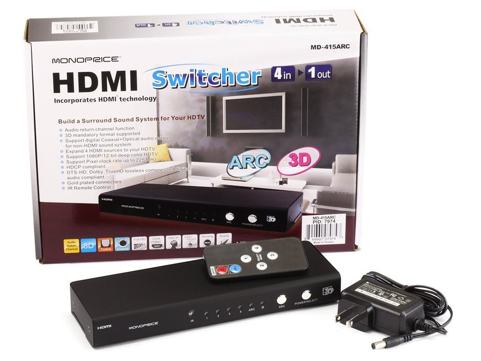 Monoprice 4x1 HDMI Switch w/ TOSlink & Digital Coaxial Audio Output (Audio Return Channel/3D/CEC Support) N4