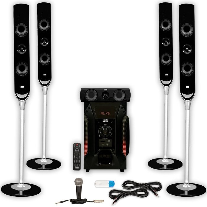 Acoustic Audio AAT1000 Tower 5.1 Speaker System with USB Bluetooth Mic and 2 Extension Cables