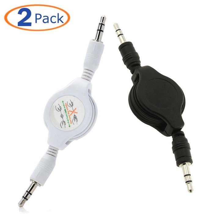Conwork 2-Pack Auxiliary Retractable 3.5mm Male to Male Stereo Audio Extension Cable Cord (1 Black + 1 White) N4