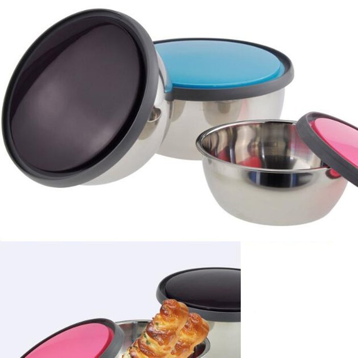 Pack of 3 Round Crispers Stainless Steel Bowl Insulation Boxes with Colored Plastic Cover