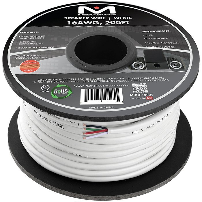 Mediabridge 14AWG 4-Conductor Speaker Wire (200 Feet, White) - 99.9% Oxygen Free Copper - UL Listed CL2 Rated... N7