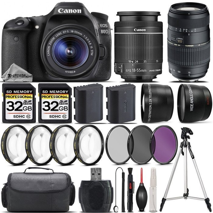 Canon EOS 80D DSLR Camera + Canon 18-55mm IS STM Lens + Tamron 70-300mm Macro Lens + 0.43X Wide Angle Lens + 2.2x...