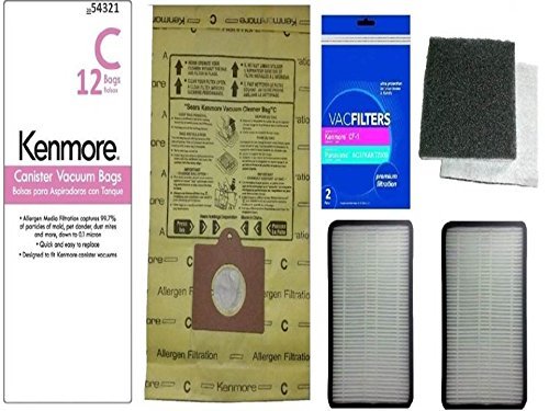 12 Kenmore Type C or Type Q Premium Allergen Canister Vacuum Bags, (2) Kenmore CF1 81002 Motor Chamber Filter,...