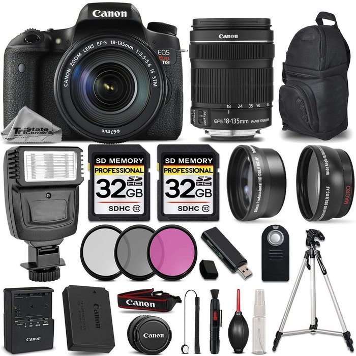 Canon EOS T6s DSLR Camera + Canon EF-S 18-135mm IS STM Lens + Digital Camera Flash + 0.43x Wide Angle Lens + 2.2x...