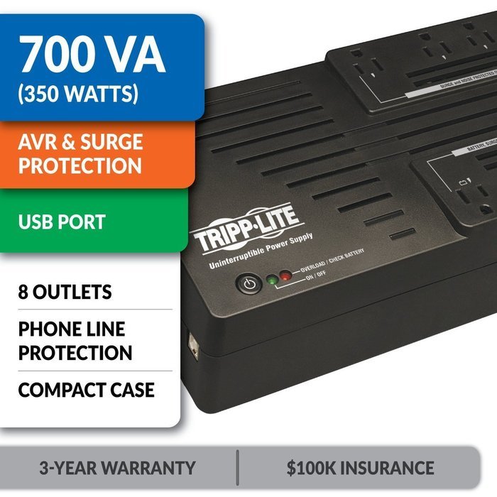 Tripp Lite 750VA UPS Battery Backup, 450W AVR Line Interactive, USB, Ultra-Compact (AVR750U) N5