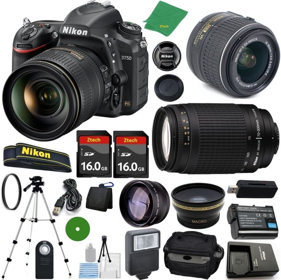 Nikon D750 - International Version (No Warranty), 18-55mm f/3.5-5.6 DX VR, Nikon 70-300mm f/4-5.6G, 2pcs 16GB...