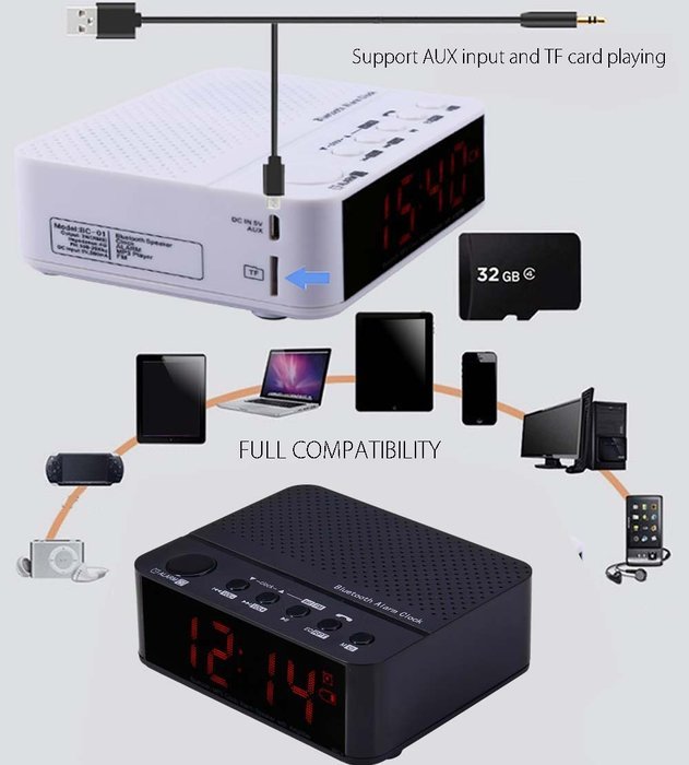 MX - 017 Bluetooth Portable Desktop Alarm Clock V2.1 Stereo Speaker Support FM Radio Handsfree AUX In TF ...... N8