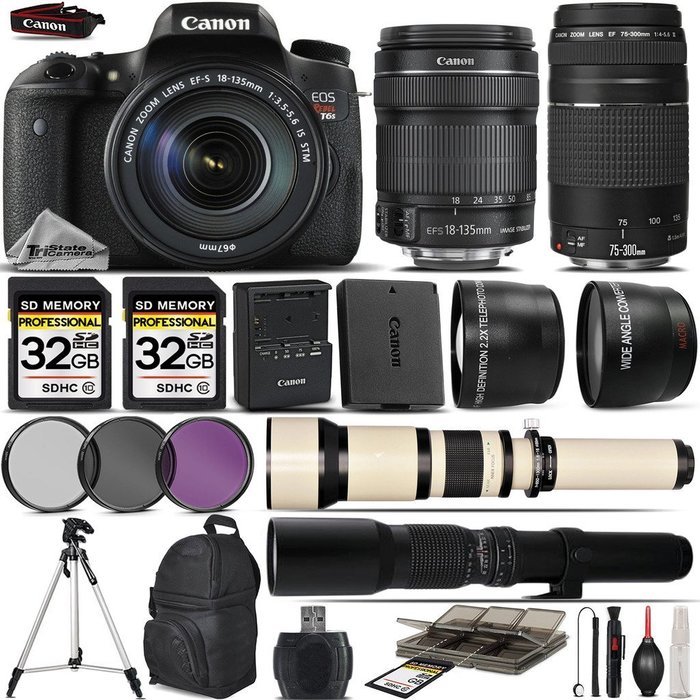 Canon EOS Rebel T6s DSLR Camera + Canon 18-135mm STM Lens + Canon 75-300mm III Lens + 650-1300mm Zoom Lens + 500mm...