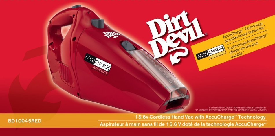 Dirt Devil Hand Vacuum Cleaner Accucharge 15.6 Volt Cordless Bagless Handheld Vacuum BD10045RED