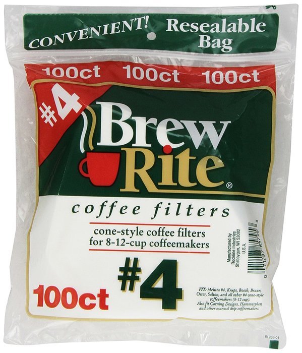 Brew Rite #4 Cone Coffee Filters, White Paper, 100-Count Bags (Pack of 8) N2