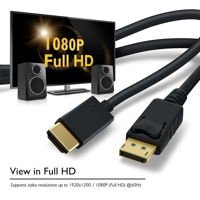 GearIT Gold Plated DisplayPort to HDMI HDTV Cable 6 Feet (DP to HDMI) 1920x1200 / 1080P Full-HD 28 AWG, Black N10