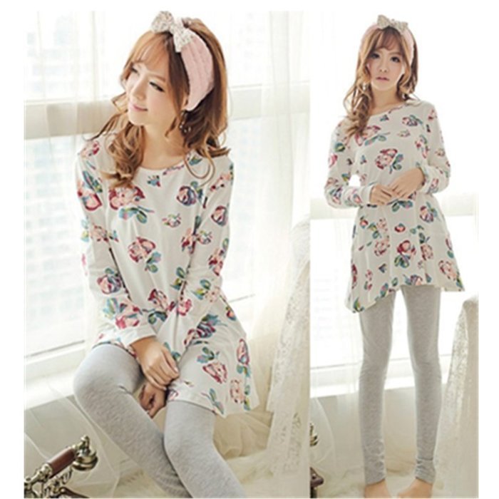 KAKA(TM) Women's Fashion Cartoon Pink Love Pure Cotton Pyjamas Homewear Sleepwear Set Long Sleeve Long Pants -XXL N3