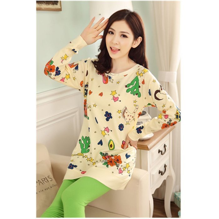 KAKA(TM) Women's Fashion Cartoon Pink Love Pure Cotton Pyjamas Homewear Sleepwear Set Long Sleeve Long Pants -XXL N5