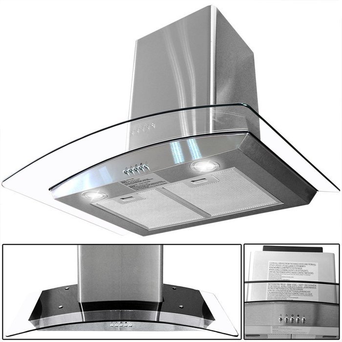 toyofmine Kitchen Stainless Steel 36" Glass Wall Mount Range Hood Stove Vents + 2x Filter