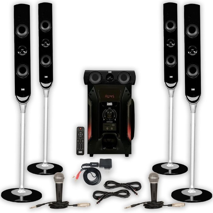 Acoustic Audio AAT1000 Tower 5.1 Speaker System with Bluetooth 2 Mics and 2 Extension Cables