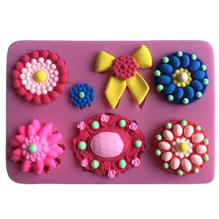 FLY Different Flowers Brooch Shape 3D Silicone Fondant Cake Mold Cake Decorating,Pink N2