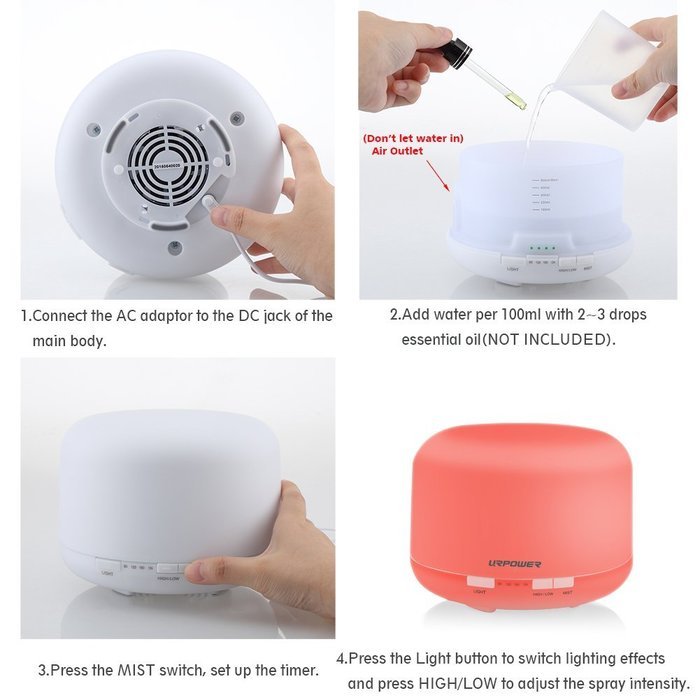 Urpower Ultrasonic 500ml Aromatherapy Essential Oil Diffuser Humidifier with 4 Timer Settings 7 LED Color Changing... N7