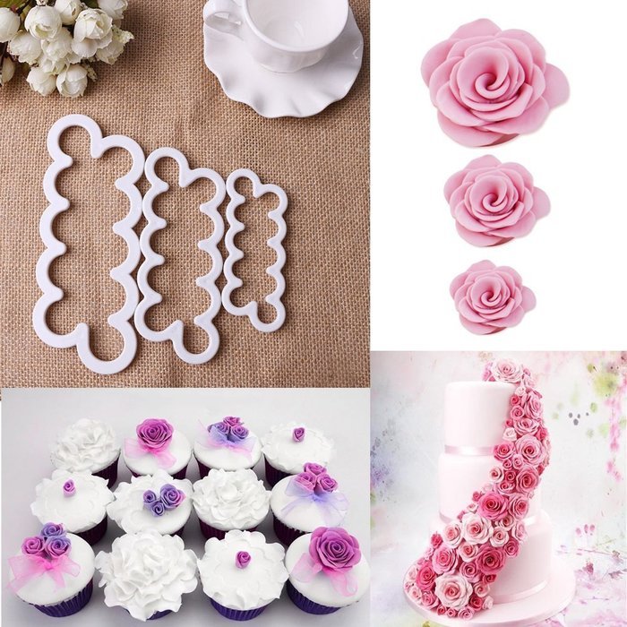 Bluecookies 3PCS 3D Rose Flower Cutter Mold Fondant Cake Decorating Maker Mould